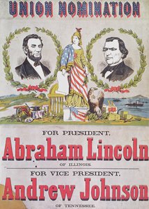 Unionin ehdokkuuden vaalikampanjajuliste, jossa Abraham Lincoln on ehdolla presidentiksi ja Andrew Johnson varapresidentiksi.